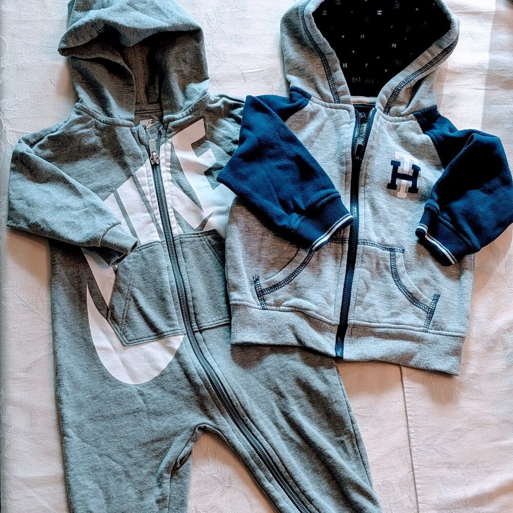 Bundle 2 Baby Boy Clothes 12M Nike Footed Coverall + Tommy Hilfiger Hoodie